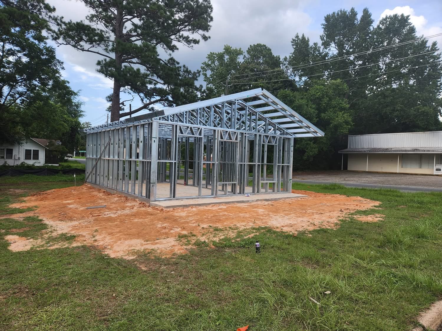 Steel barndominium frame with pitched roof in Colorado