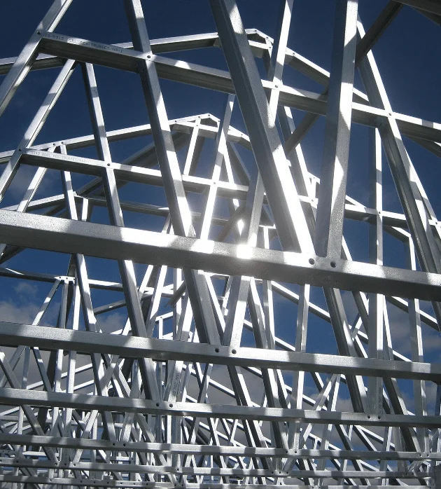Close-up of galvanized steel roof trusses for Colorado barndo